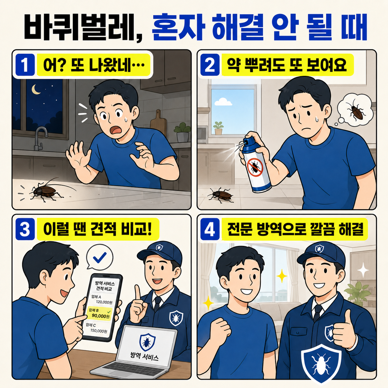 바퀴벌레가 계속 나타나고 살충제를 뿌려도 재발하자 방역업체 견적을 비교한 뒤 전문 방역으로 해결하는 과정을 그린 네컷만화 이미지