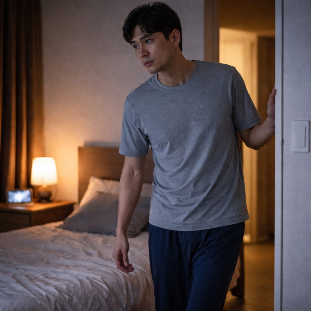 잠이 안 올 때 침대에서 버티지 않고 잠시 침대 밖으로 나오는 습관을 표현한 이미지
