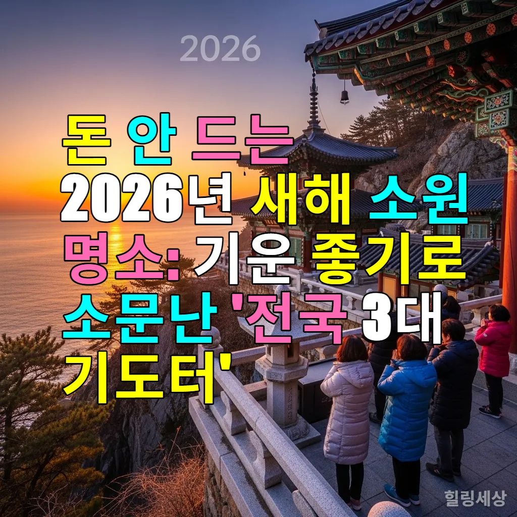 2026년 새해 소원을 비는 한국 사람들과 절벽 위 사찰의 일출 풍경