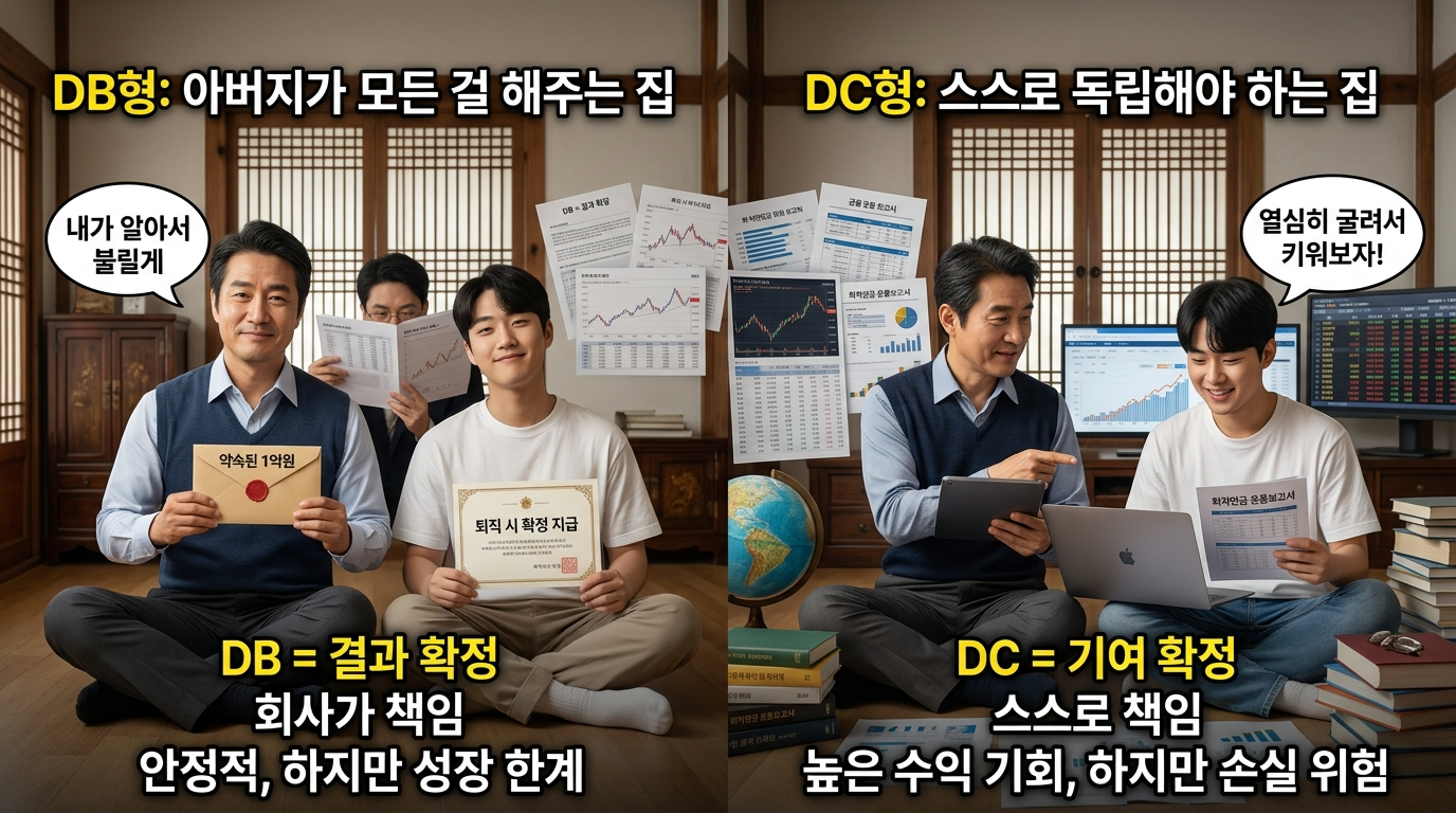 DB와 DC 연금 시스템에 대한 아버지와 두 자녀 비유
