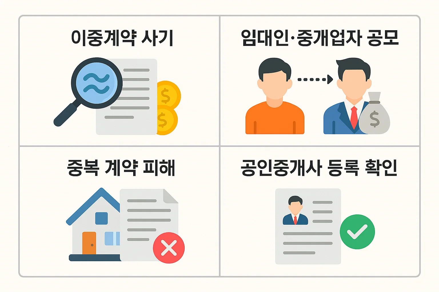 이중계약, 중개업자 공모, 중복계약 피해 등 전세사기 주요 유형과 공인중개사 등록 확인 방법을 정리한 인포그래픽