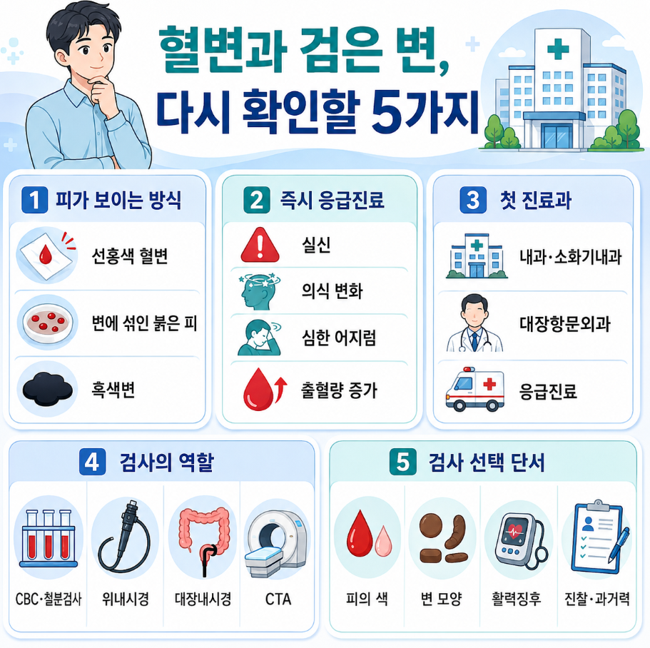 혈변과 검은 변에서 피가 보이는 방식 응급진료 첫 진료과 검사 역할과 검사 선택 단서를 정리한 인포그래픽