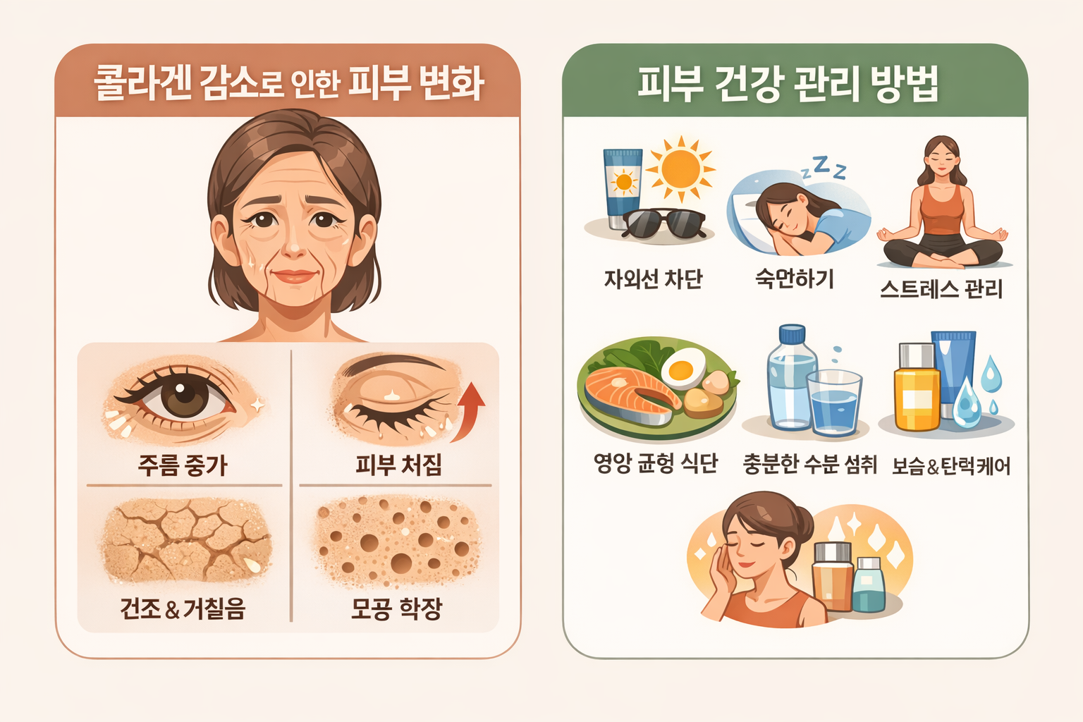 콜라겐 감소로 나타나는 피부 노화 변화와 피부 건강 관리 방법을 비교해 보여주는 인포그래픽 이미지