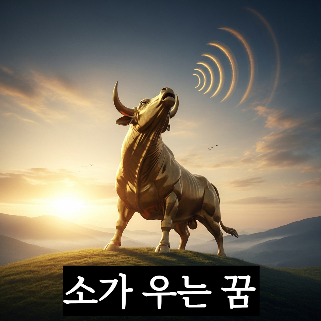 광활한 푸른 초원 위에서 위엄 있는 황금빛 황소가 하늘을 향해 힘차게 울부짖으며 황금빛 파동을 발산하는 역동적인 일러스트