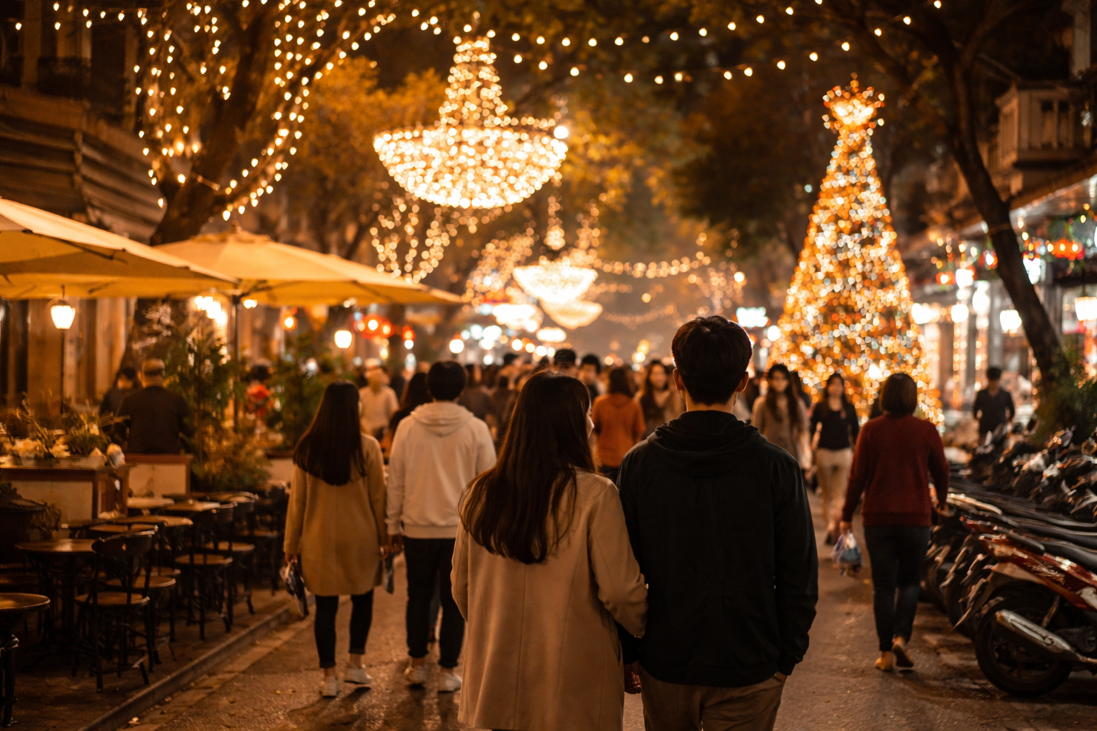 크리스마스 이브 밤, 불빛으로 가득한 거리에서 사람들이 천천히 걸어가는 장면