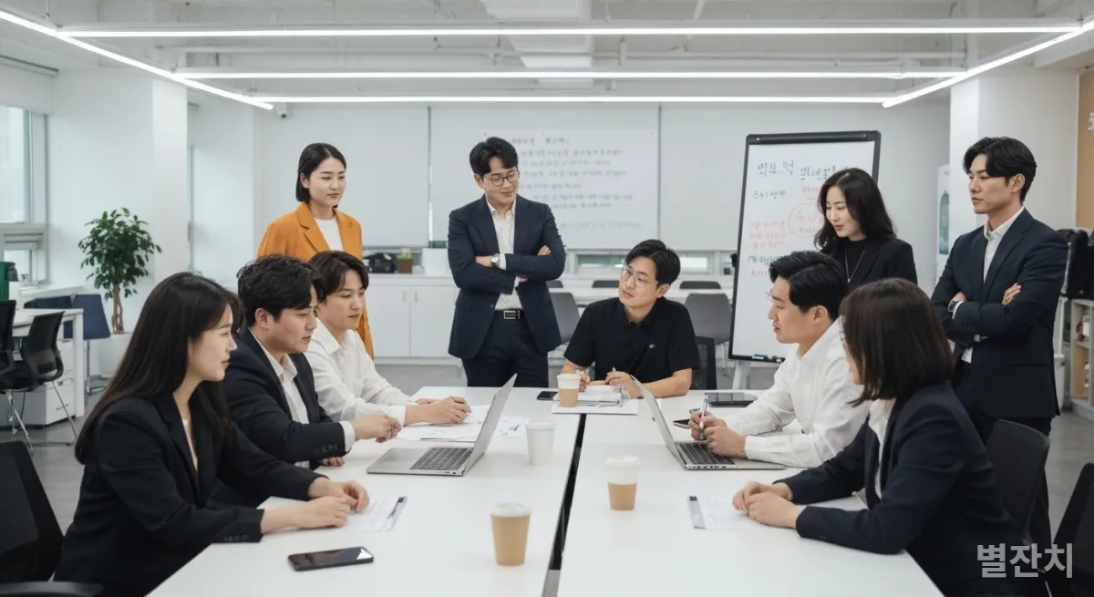 한국 스타트업 사무실에서 비즈니스 프로젝트를 함께하는 젊은 창업가들과 신청년 창업가들