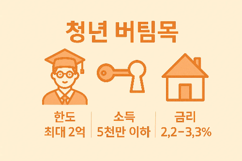 청년 버팀목 전세대출은 한도 최대 2억원, 소득 5천만원 이하 조건에 금리 2.2~3.3%가 적용되는 상품 특징을 정리한 이미지입니다.