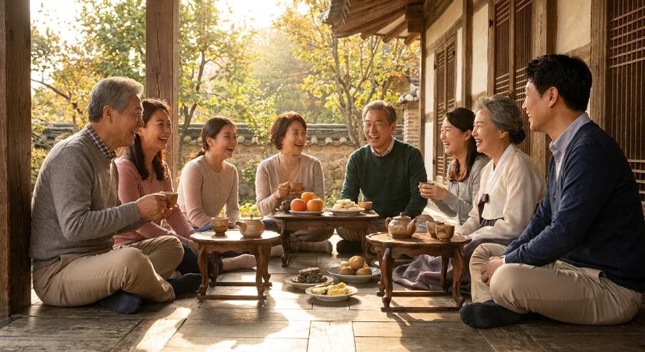 여유롭게 웃고 있는 방문객들과 평화로운 한옥 전경