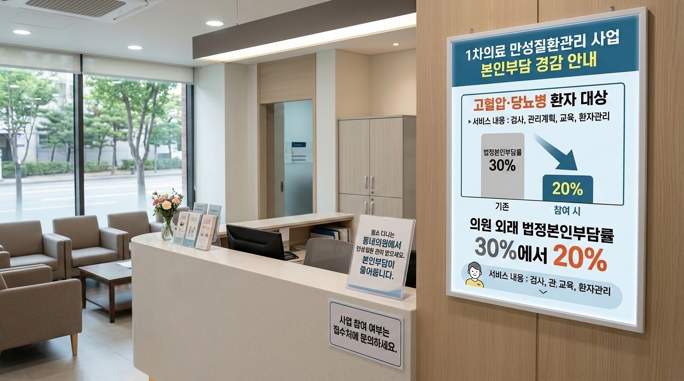 1차의료 만성질환관리 사업 본인부담 경감 
당뇨병 만성질환관리 사업 참여 1차 의원 20%로 경감