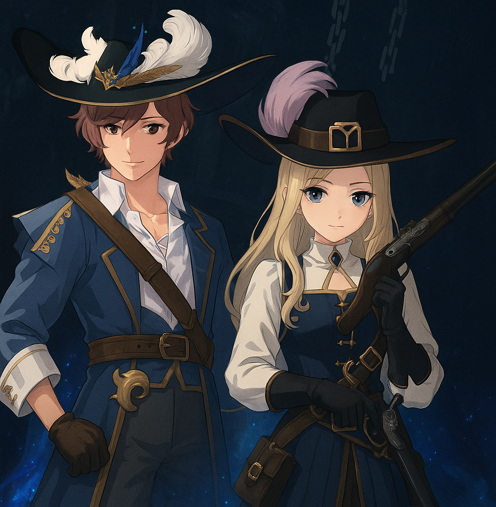 마비노기M 총사대 의상 일러스트 &ndash; 중세풍 제복을 입은 남녀 캐릭터와 낭만적인 총사 콘셉트의 이벤트 포스터 스타일