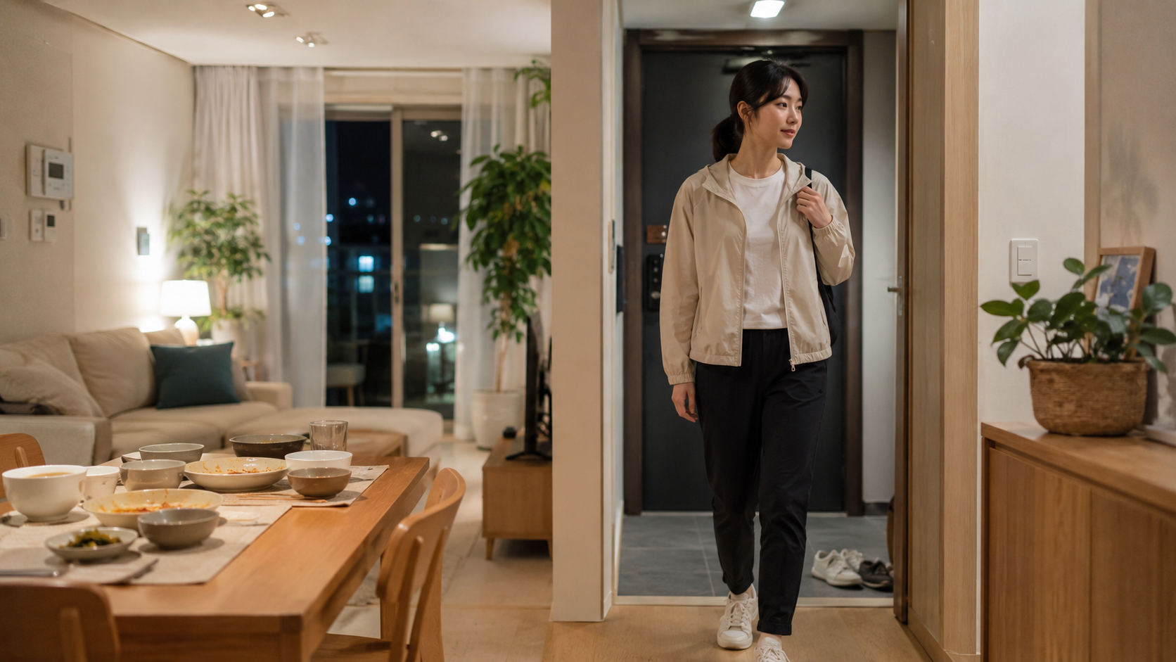 저녁 식사 후 바로 소파에 앉지 않고 운동화를 준비하며 짧은 산책을 고민하는 한국인 성인의 모습