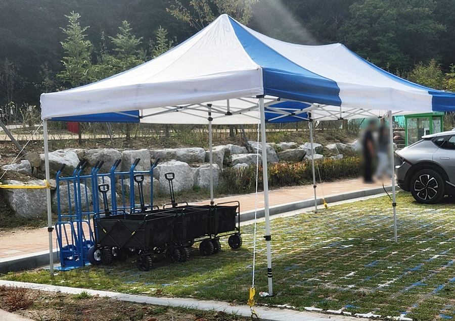 주차장옆 카트들 웨건도 있어서 짐을 옮기기 좋아요.