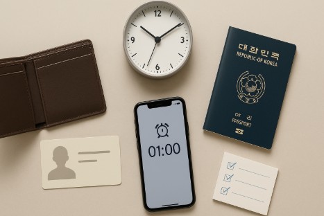 신분증 분실 1시간 루틴 체크리스트를 상징하는 평면 구성: 지갑·대한민국 여권·스마트폰 타이머·체크리스트