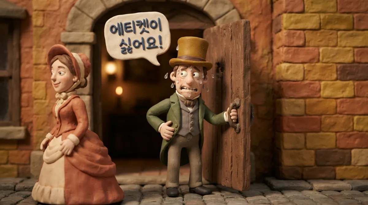 아드만 클레이 스톱모션 스타일로 표현한, 19세기 말 토핑햇을 쓴 신사가 땀을 흘리며 빌딩 입구에서 숙녀를 위해 무거운 나무 문을 잡아주며 에티켓을 표하는 짜증스러운 클래식 매너 모습
