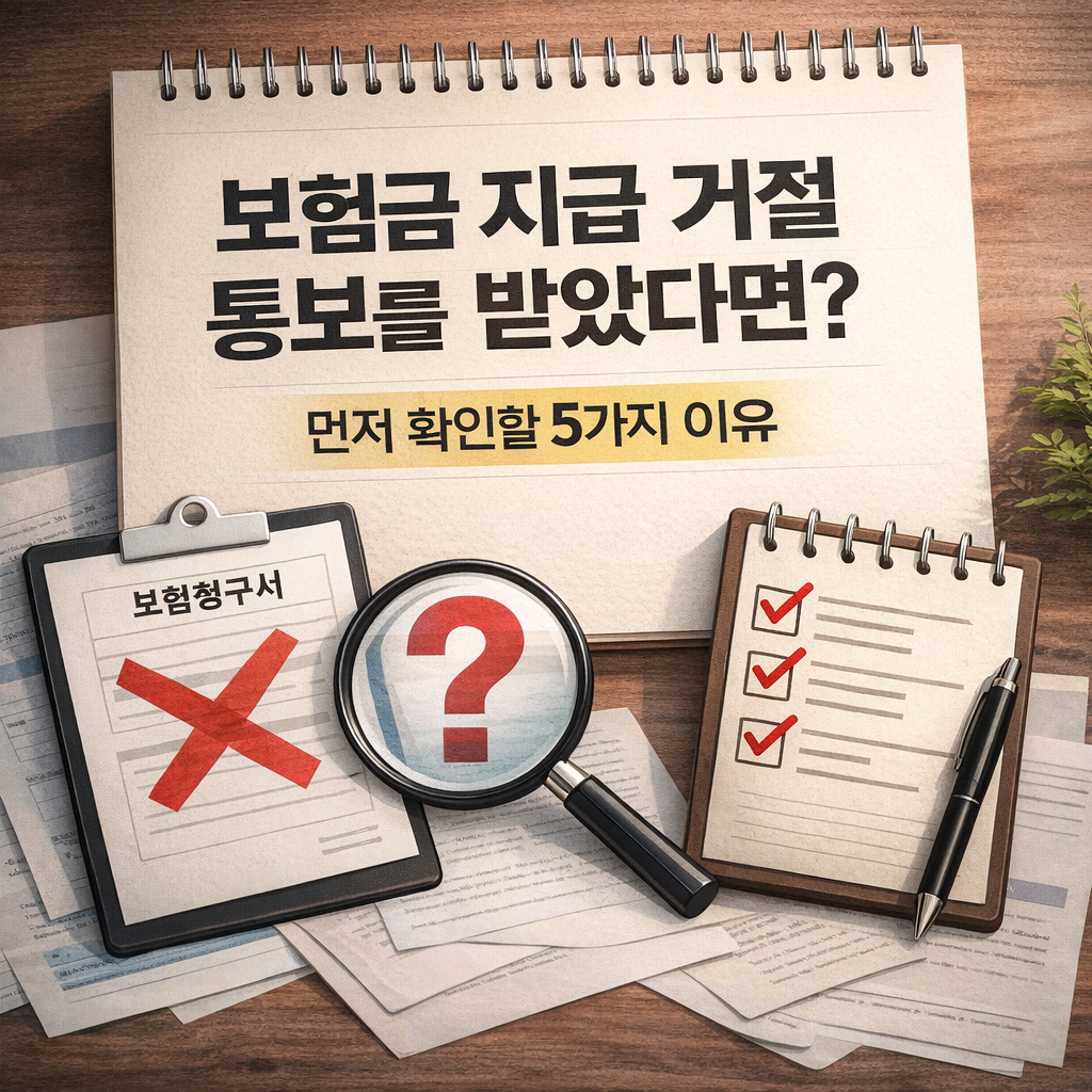 보험금 지급거절 사유가 그려진 서류 그림 2개와 탁상형 달력