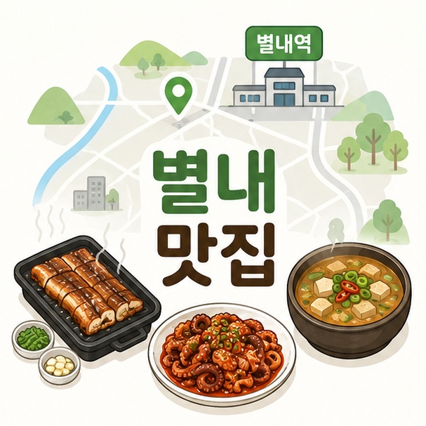 별내 지역 지도와 여러 음식 메뉴를 이용해 별내 맛집을 메뉴별로 비교하는 주제를 소개하는 그림