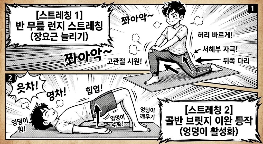 장요근 늘리기 반 무릎 런지 스트레칭과 엉덩이 근육 활성화를 위한 골반 브릿지 운동 동작 만화 일러스트