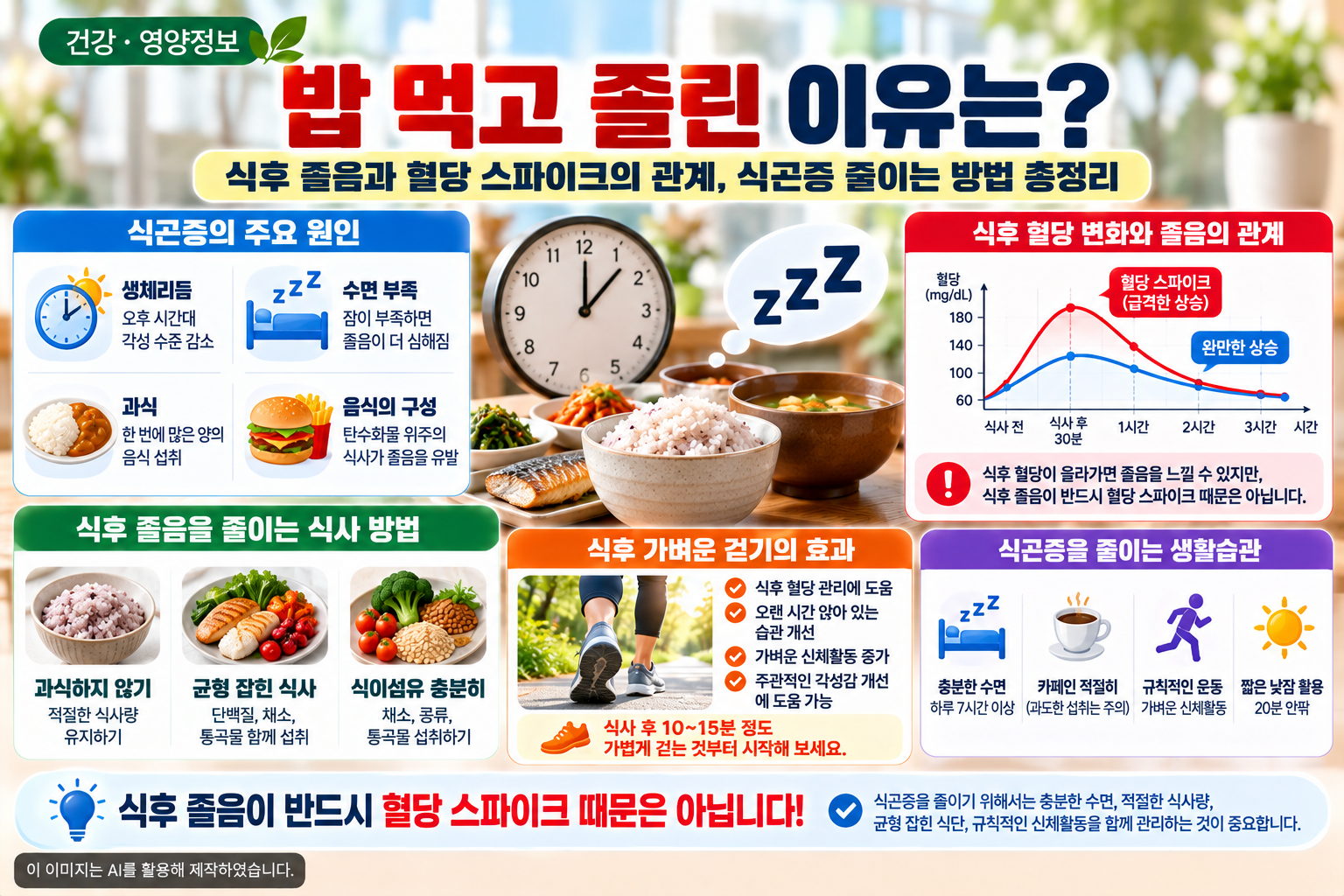 밥 먹고 졸린 이유와 식후 졸음의 주요 원인, 혈당 스파이크와 식곤증의 관계, 식후 가벼운 걷기 및 균형 잡힌 식사로 식곤증을 줄이는 방법을 정리한 건강·영양정보 이미지
