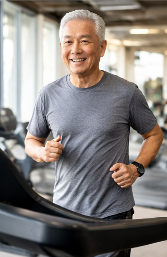 혈당관리를 위해 내장지방과 지방간의 수치를 줄이려고 헬스장 러닝머신에서 열심히 달리고 있는 시니어
이미지 출처:Gemini AI 생성
