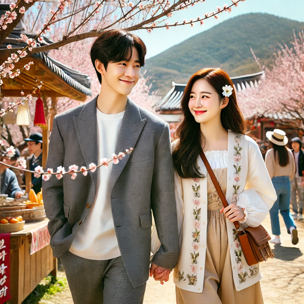 매화축제를 어행하고 있는 MZ커플사진