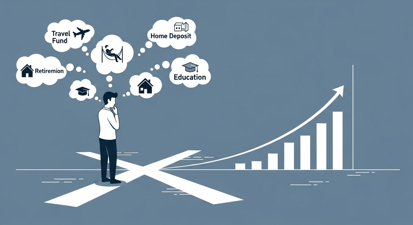 투자 목표를 설정하고 경로를 선택하는 사람의 모습을 담은 미니멀한 일러스트레이션