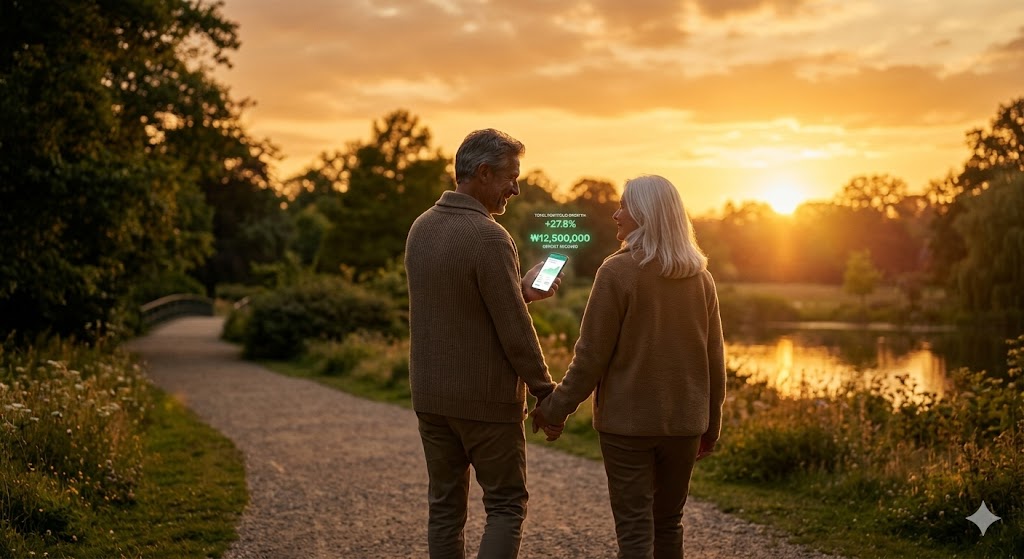 노을 공원에서 배당금 알람에 미소 짓는 아빠의 행복한 실루엣