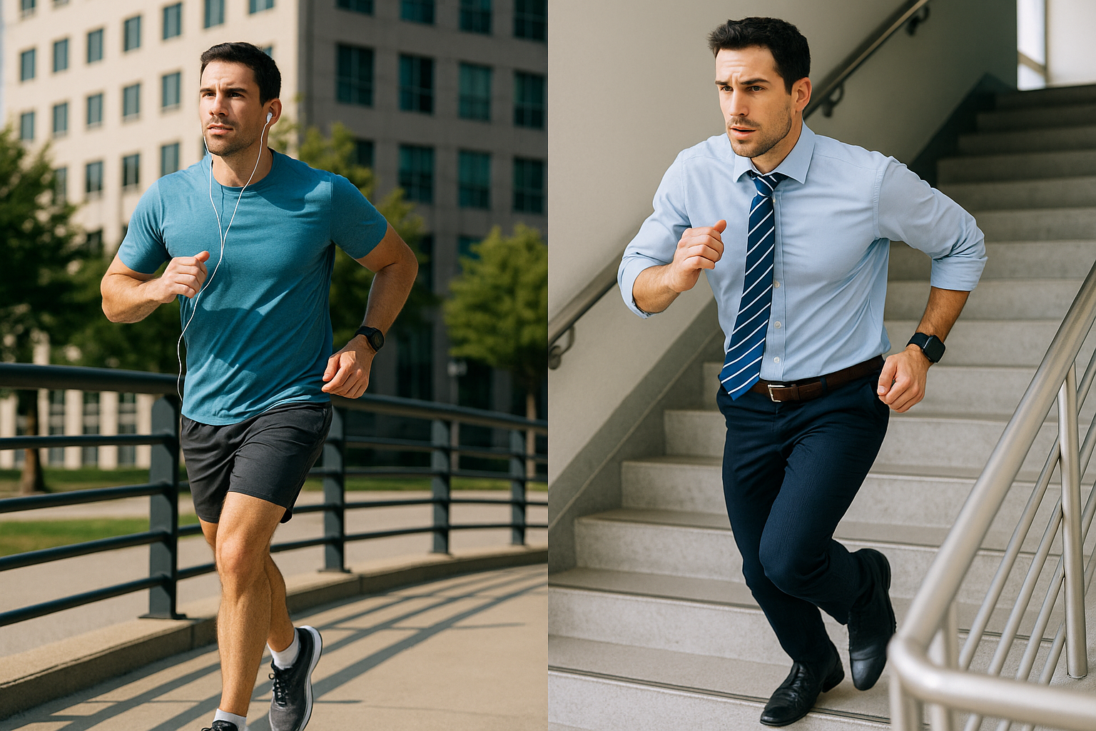 파란색 기능성 티셔츠를 입은 남성이 회사 건물 인근 공원에서 이어폰을 끼고 가볍게 조깅하는 모습.
와이셔츠와 넥타이를 착용한 직장인이 사무실 내부 계단을 빠르게 오르며 운동하는 장면.