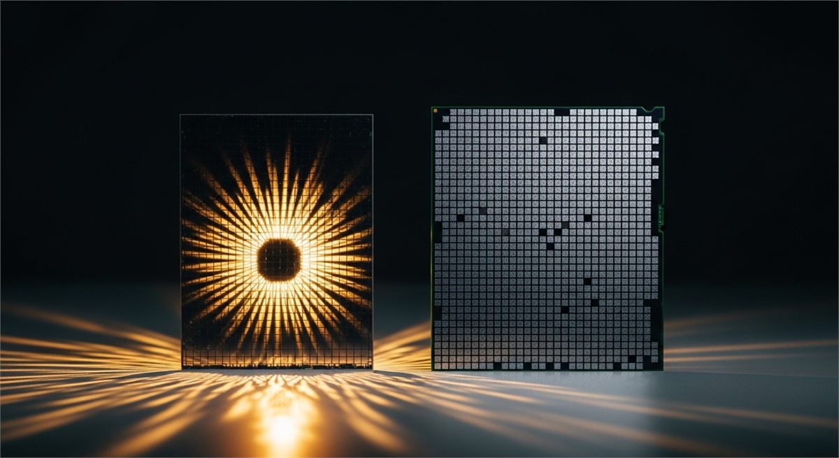 금속 테이블 위 반도체 웨이퍼를 상징적으로 담은 장면 