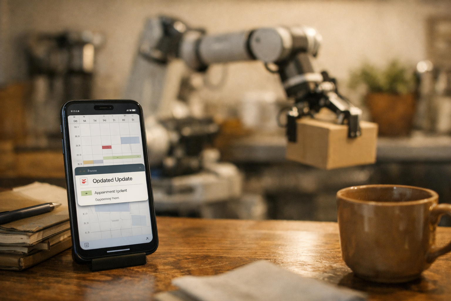 스마트폰 일정 앱과 연동된 AI가 명령을 처리하고, 뒤쪽에서 로봇 팔이 상자를 집어 옮기는 실제 실행형 AI 장면