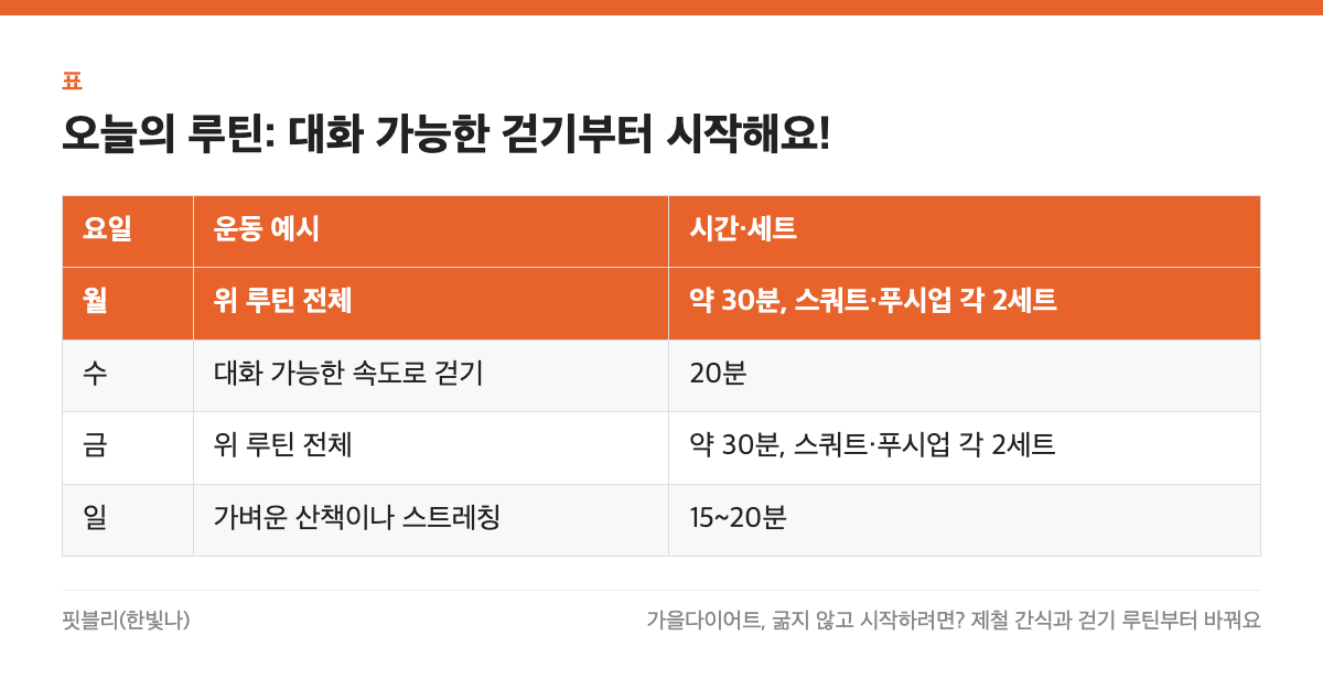 오늘의 루틴: 대화 가능한 걷기부터 시작해요! 표: 요일, 운동 예시, 시간&middot;세트