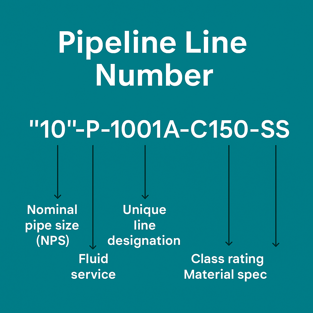 Infographic showing breakdown of a pipeline line number "10"-P-1001A-C150-SS with labeled components like NPS, fluid service, line ID, class rating, and material spec.