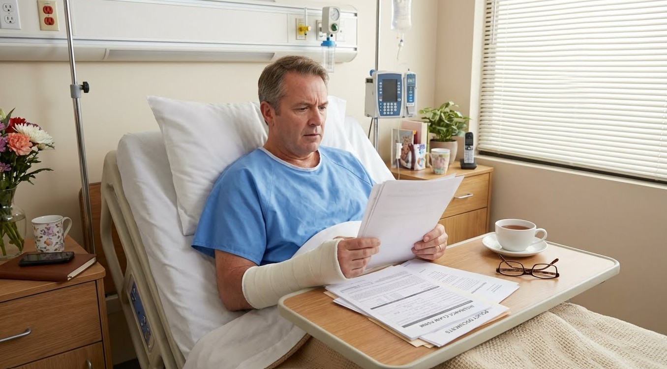 한방병원 병실에서 휴식을 취하며 보험서류를 확인하는 환자 이미지