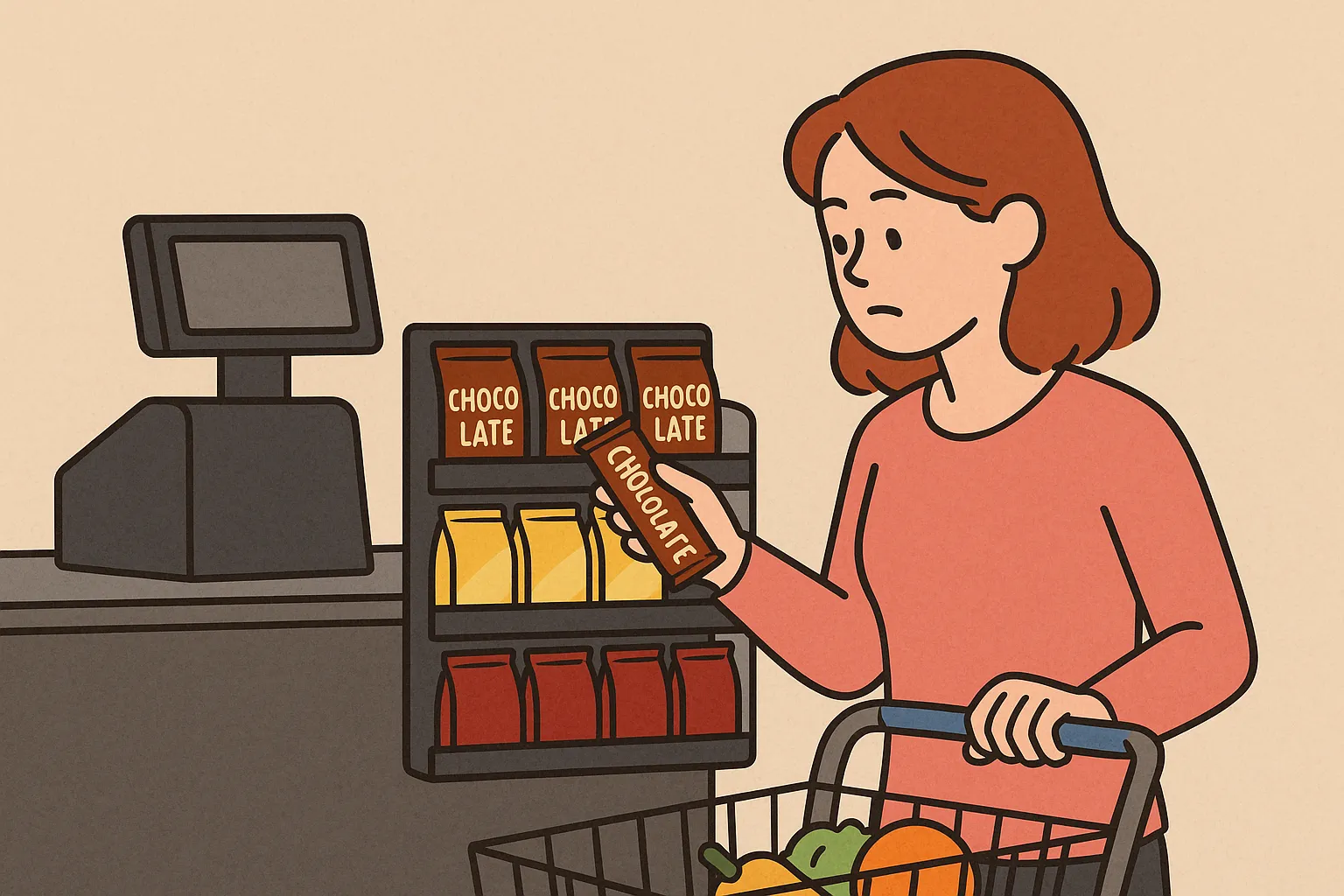 계산대-앞-간식이-잘-팔리는-이유를-표현한-일러스트로,-여성이-계산대에서-기다리며-초콜릿을-집어드는-모습이-그려져,-충동구매를-유도하는-진열-전략을-상징함.
