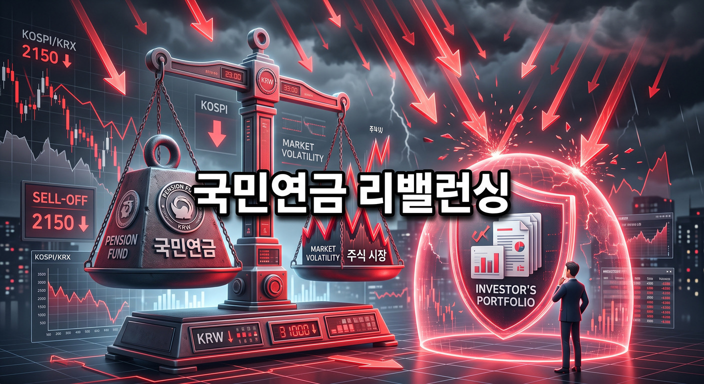 '연기금' 기호가 새겨진 무거운 쇳덩이와 변동성 큰 주식 시장 그래프의 균형을 맞추는 거대한 붉은색 디지털 저울이 있고, 대규모 매도를 상징하는 붉은색 하락 화살표 폭풍으로부터 개인 투자자의 포트폴리오를 보호하는 강력한 붉은 방패가 있는 3D 일러스트 배경에, 짙은 그림자와 외곽선으로 선명하게 강조된 '국민연금 리밸런싱'이라는 한글 문구가 중앙에 적힌 이미지