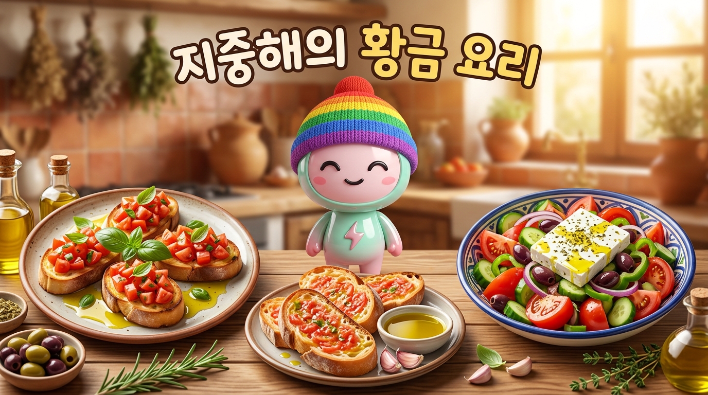 쫀쿠가 중앙에 행복한 표정으로 서 있고, 주변에 세 가지 클래식 지중해 요리들이 아름답게 제시된 장면. 왼쪽: 이탈리아 브루스케타(구운 빵에 토마토와 황금빛 EVOO), 중앙: 스페인 판 콘 토마테(빵에 토마토와 올리브유), 오른쪽: 그리스 호리아티키 샐러드(신선한 채소, 올리브유에 흠뻑 젖은 페타 치즈). 밝은 지중해 주방 분위기. 한글 텍스트: '지중해의 황금 요리'.