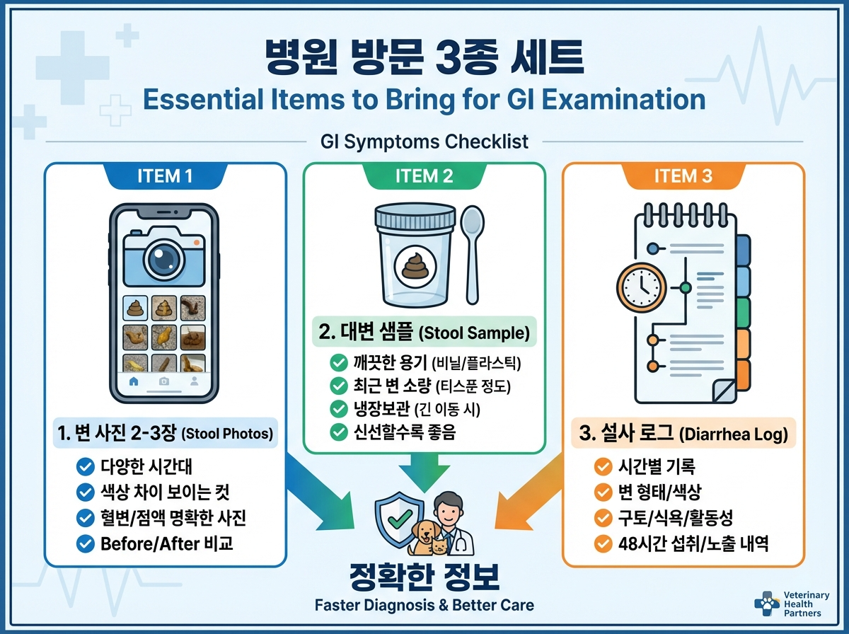 위장 증상 내원 준비(변 사진, 대변 샘플, 48시간 섭취/노출 로그)