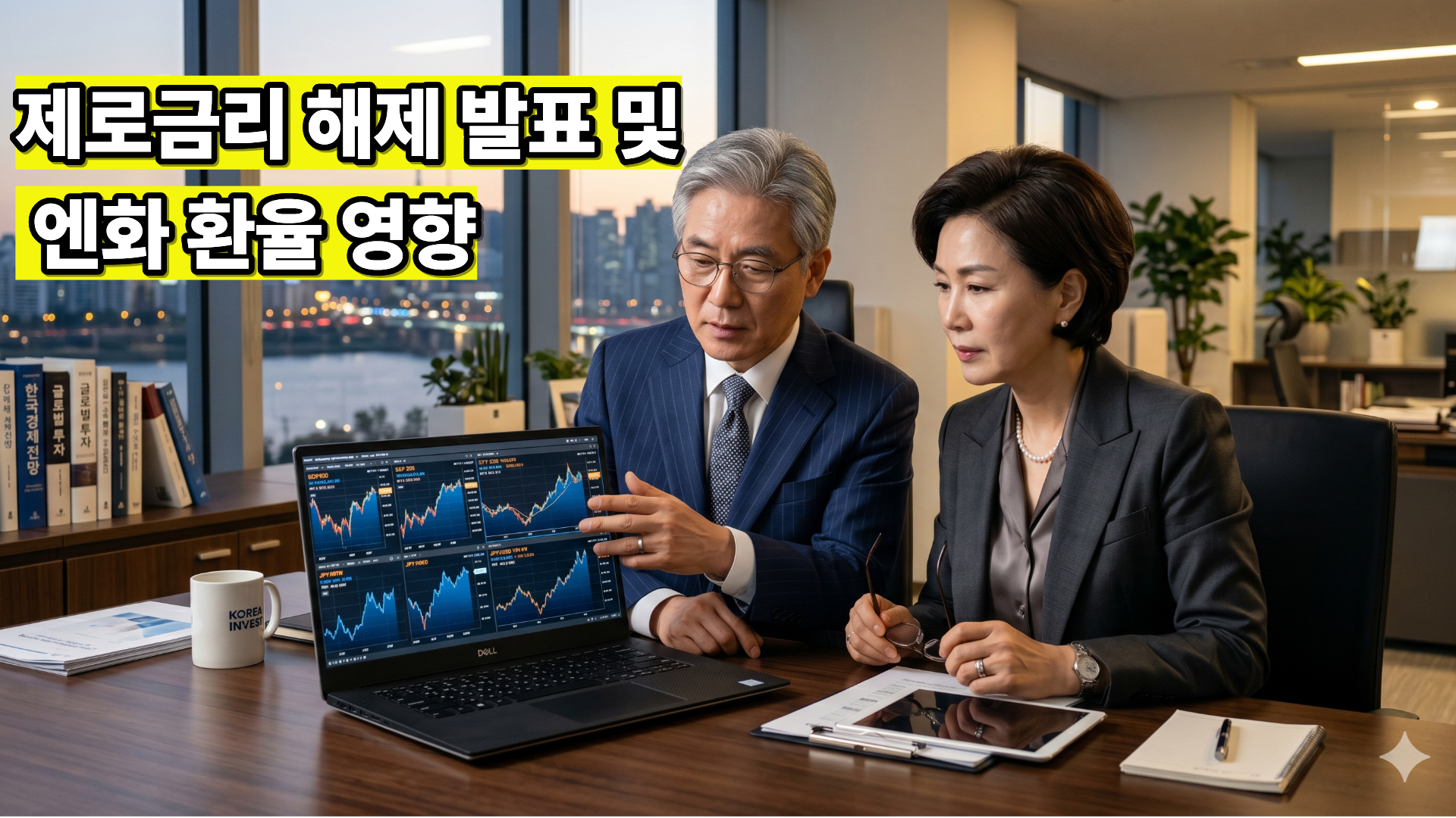 홈 오피스에서 노트북으로 가로형 일본 금리인상 그래프와 엔화 환율 변동 추이를 분석하며 재테크 전략을 세우는 60대 은퇴자 부부
