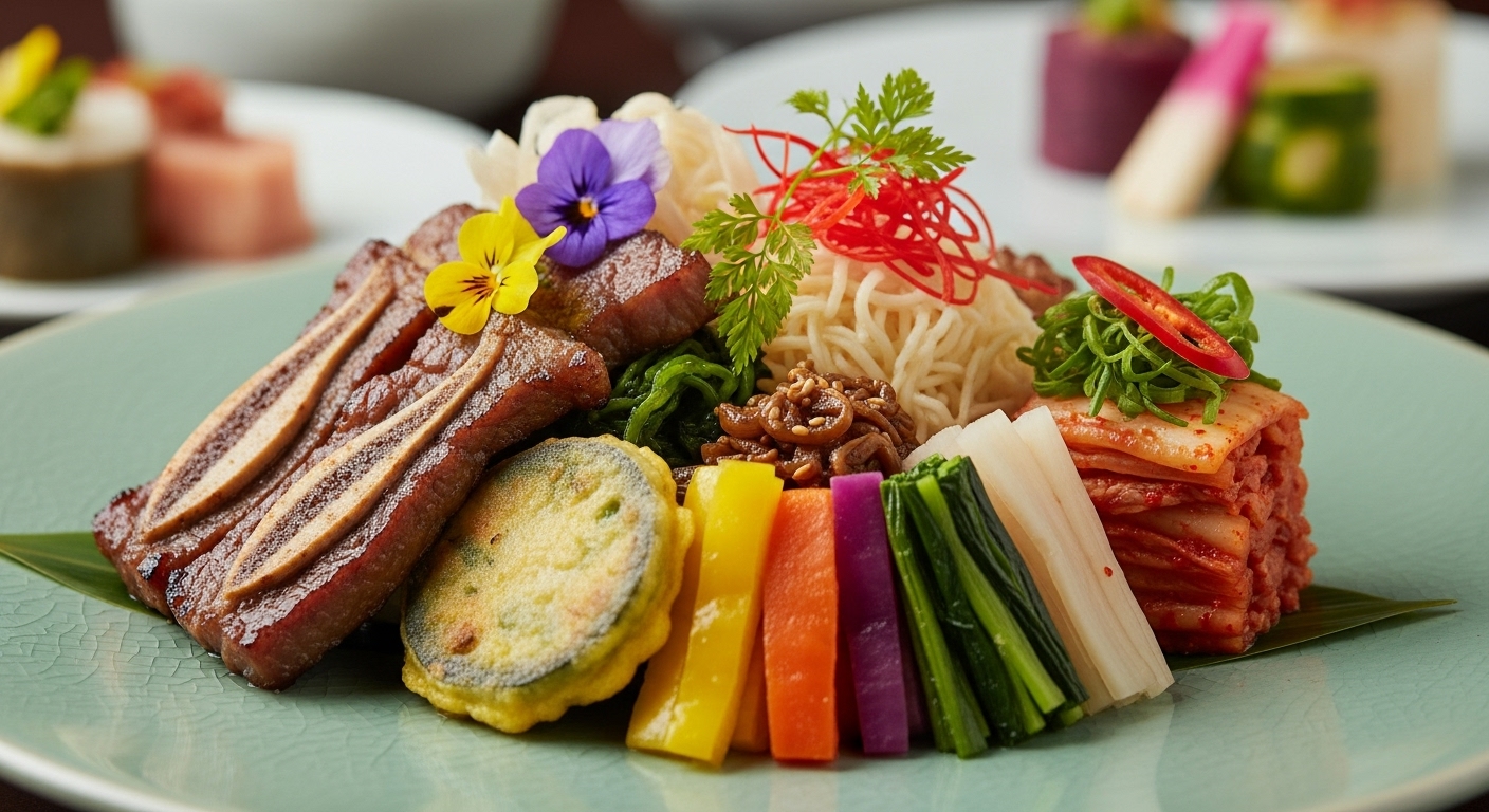 삼청각 한정식의 아름답게 플레이팅된 고품격 전통 한정식 요리 클로즈업. 신선한 재료와 섬세한 장식이 돋보입니다.