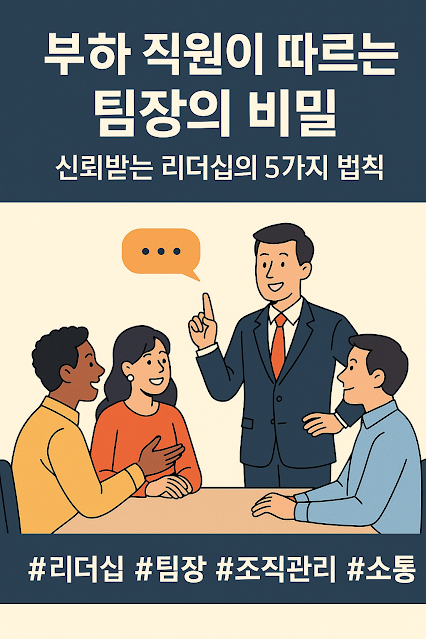 신뢰받는 팀장을 중심으로 대화하는 직장인들 – 리더십과 소통을 강조한 인포그래픽