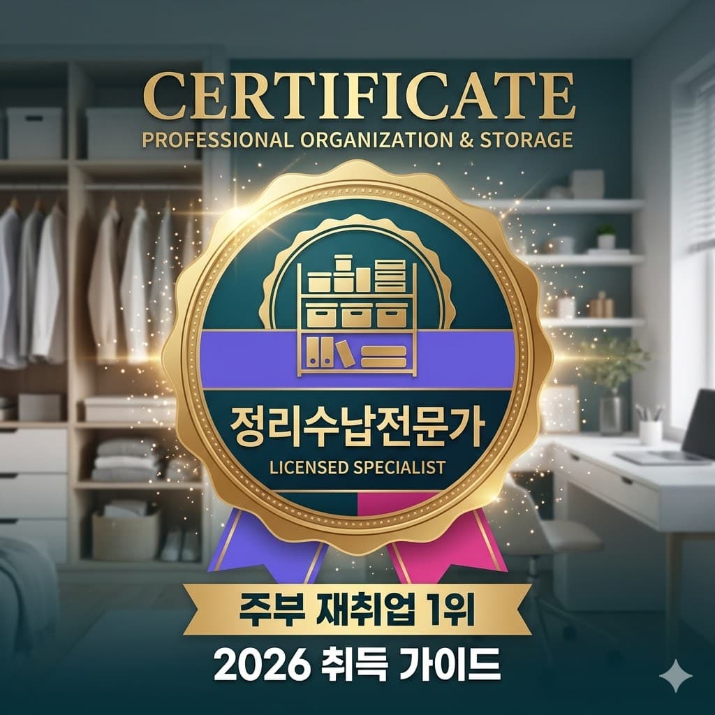 정리수납전문가 자격증 시험 정보 및 온라인 교육 과정을 설명하는 인포그래픽