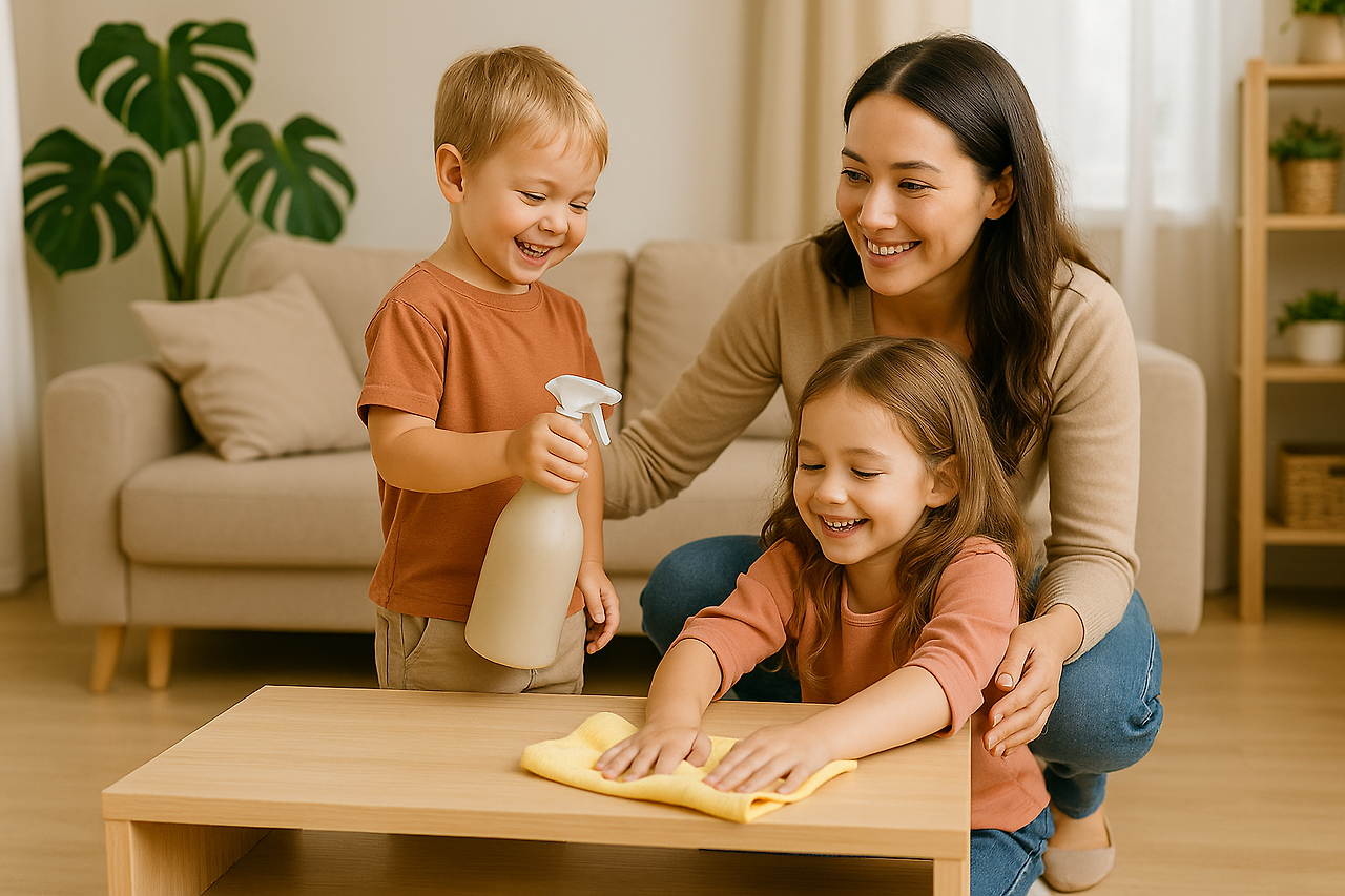 엄마가 어린 남매와 함께 거실 탁자를 청소하며 즐겁게 시간을 보내는 모습