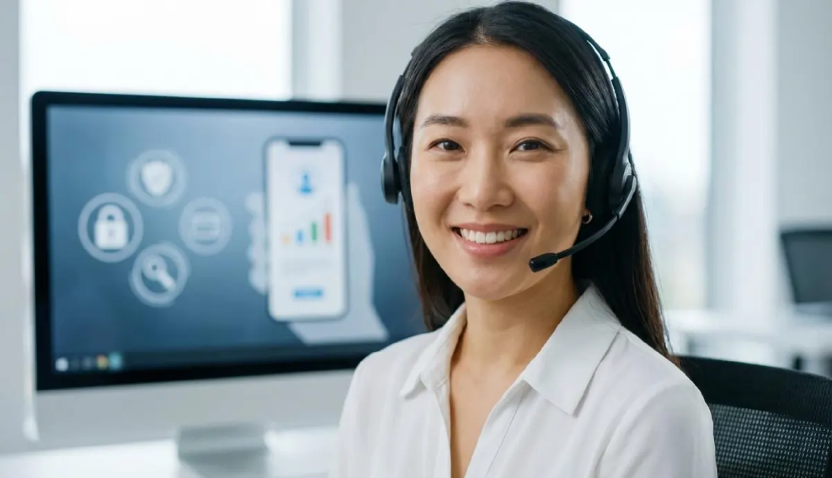 고객 센터 직원이 헤드셋을 착용하고 부드러운 미소를 지으며 모바일 신분증 분실 대처 방법을 모니터로 안내하는 모습