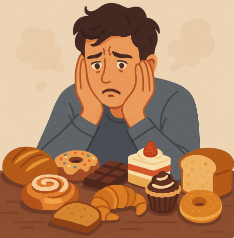 탄수화물에 중독되어 다양한 빵·과자·디저트 앞에서 고민하는 한 남성의 모습