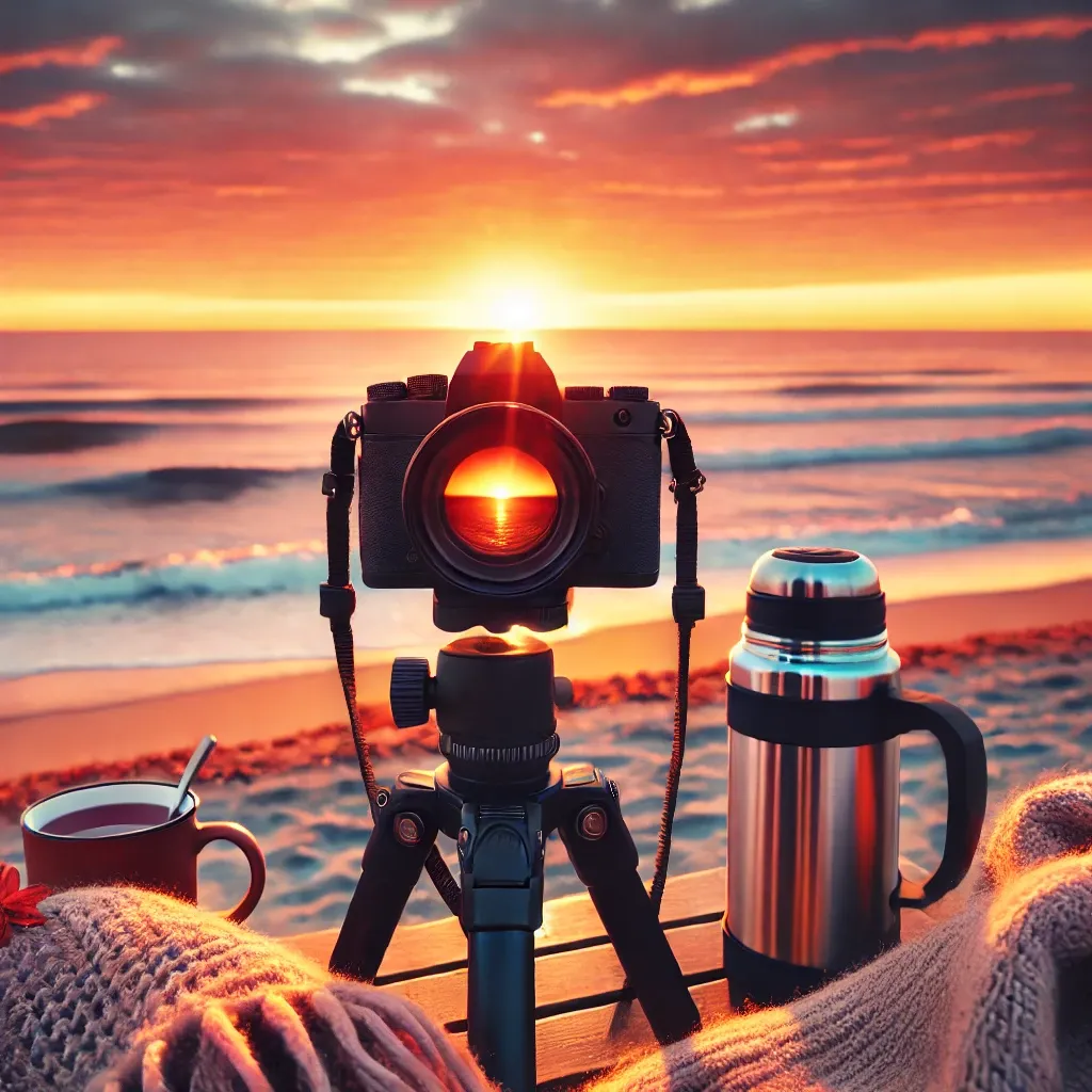 해변에서-삼각대로-일출-사진을-찍는-장면
