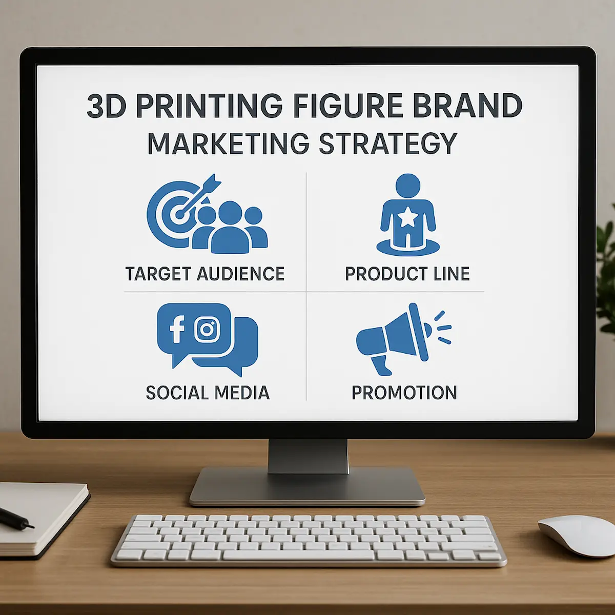 3D프린팅 피규어 브랜드 마케팅 전략이 정리된 컴퓨터 화면, 인물 없이 정보가 표시된 장면