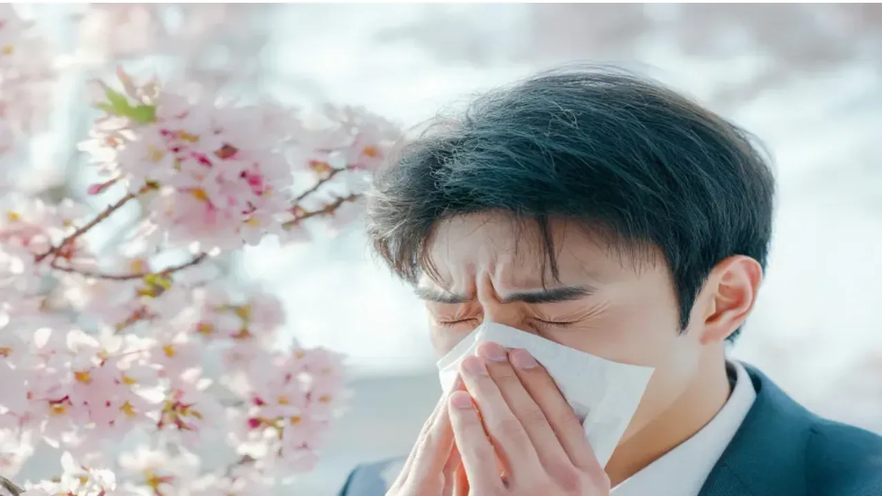 꽃가루로 눈 가려워하는 사람 이미지
