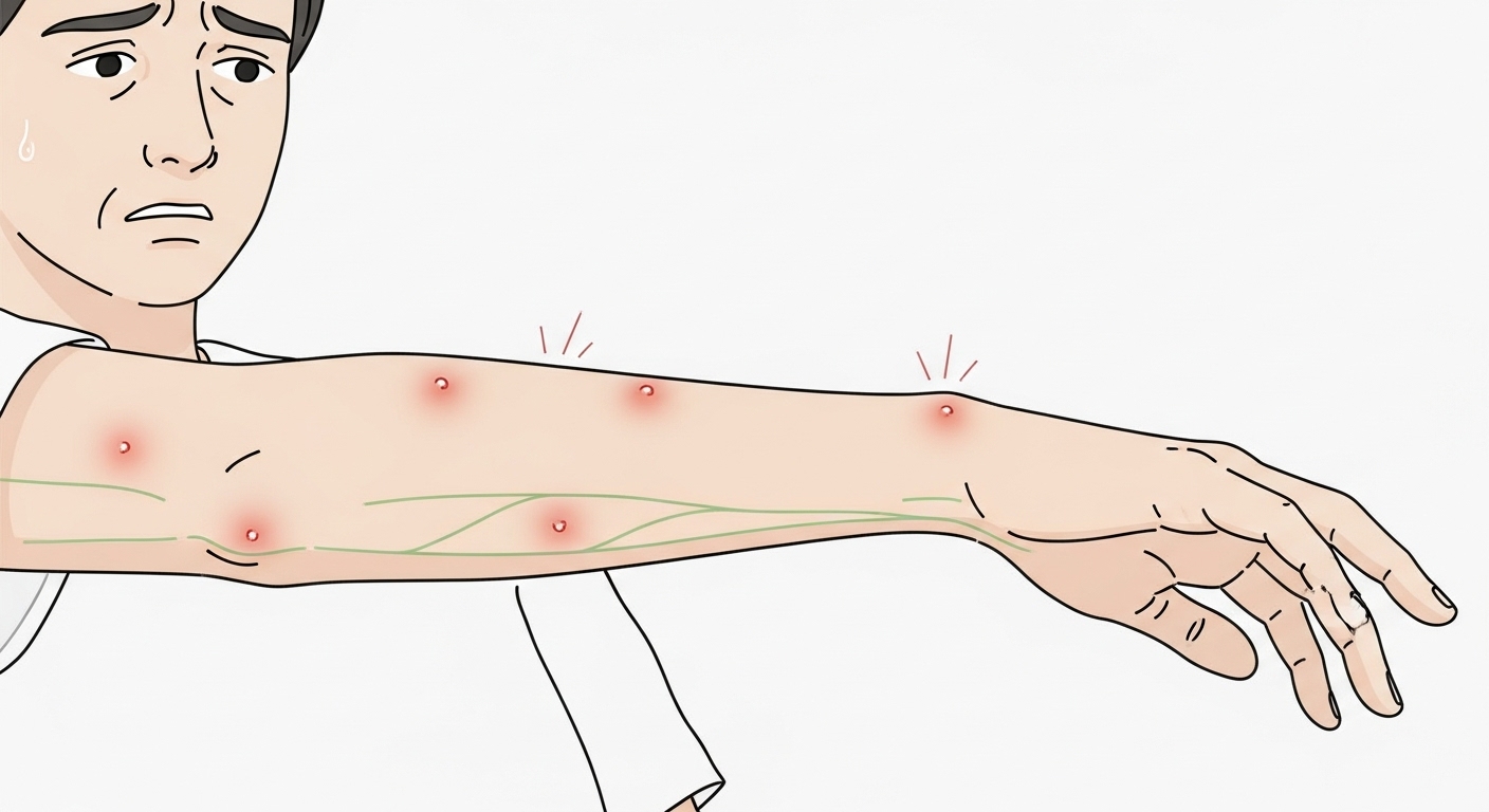 항생제 알레르기로 인한 두드러기가 팔에 생긴 모습