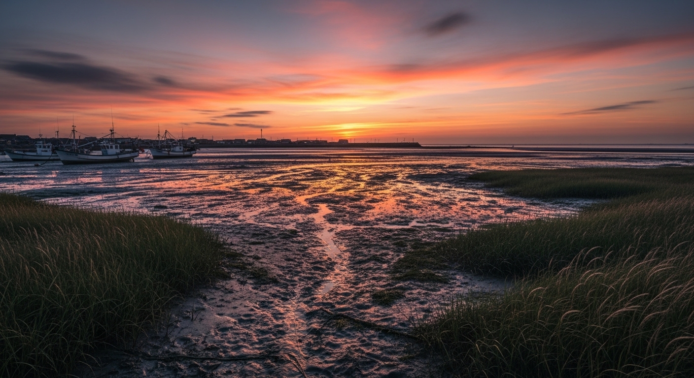 A magical sunset scene over the West Coast tidal flats.