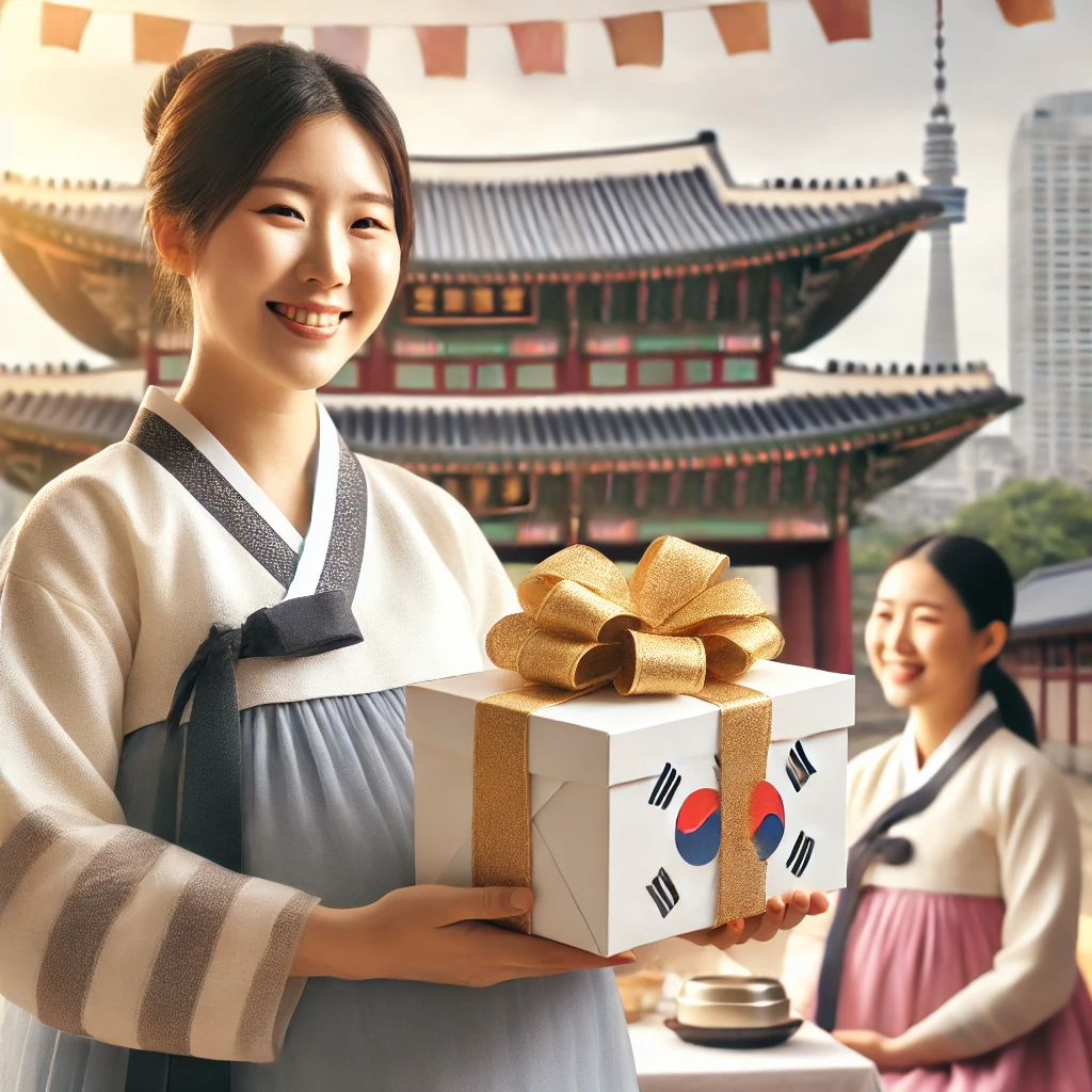 전통적인 한국적 분위기 속에서 행복한 표정의 임산부가 축하 리본이 달린 선물 상자를 들고 있다. 배경에는 한국의 도시 풍경이 펼쳐져 있으며, 지역 정부의 임신 지원 혜택을 상징하는 요소들이 포함되어 있다. 따뜻하고 환영하는 분위기가 강조되며, 지역 사회의 보살핌과 지원을 반영하고 있다.