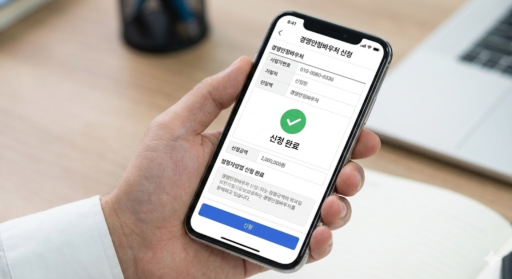스마트폰으로 소상공인 경영안정바우처를 간편하게 신청하는 모습